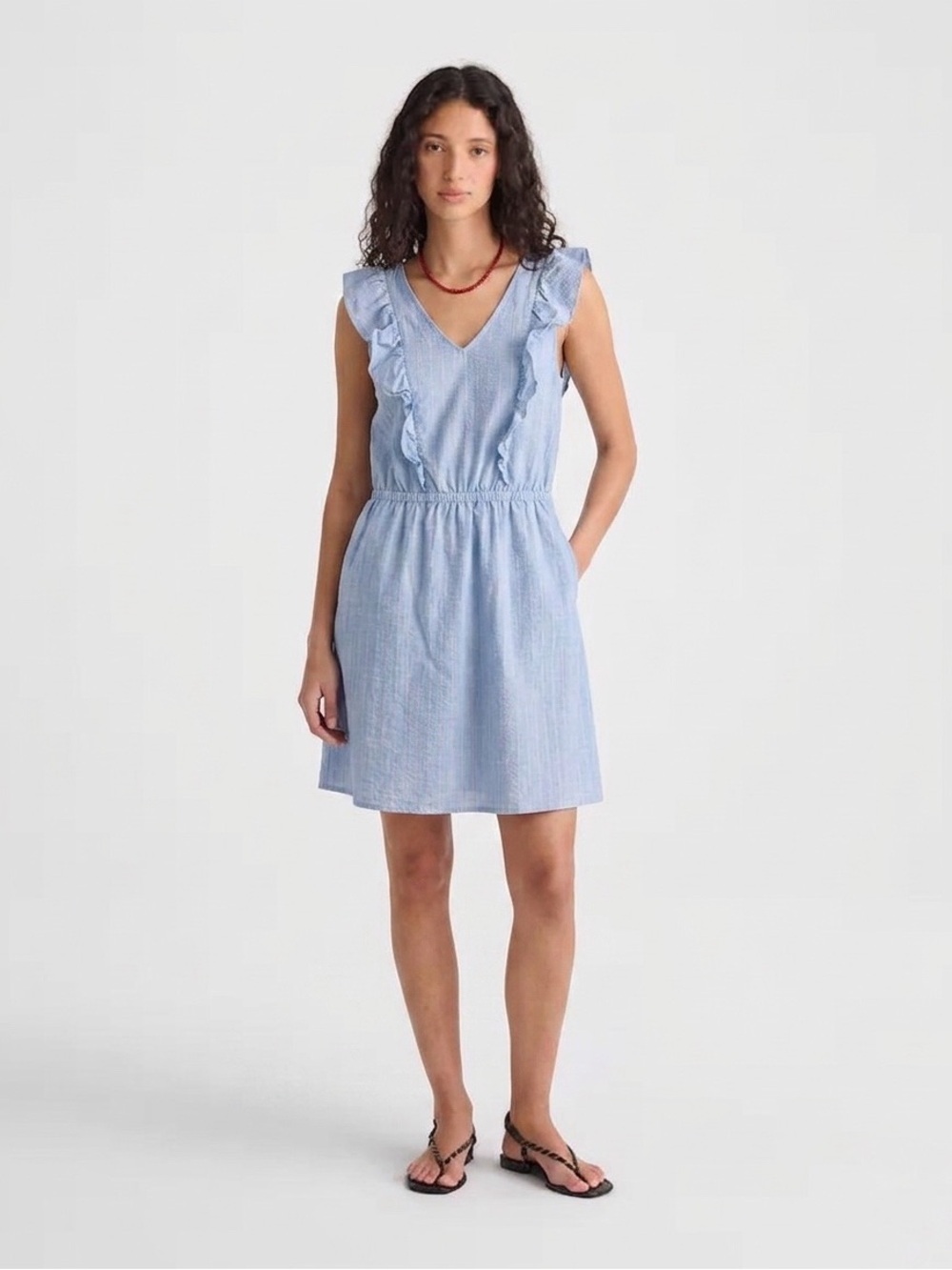 081 MADEWELL Women's Cotton Sleeveless Bellflower Ruffle Mini Dress - Blue Sz 10
